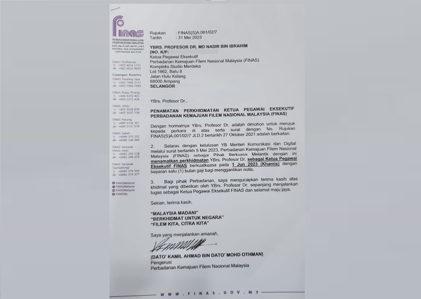 Kontroversi FINAS: Nasir Dipecat CEO FINAS Berkuatkuasa 1 Jun 2023 ...